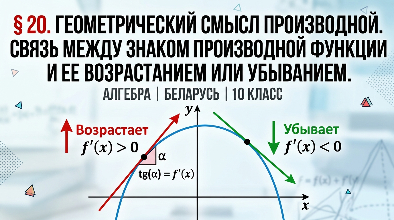 Обложка урока «Геометрический смысл производной. Связь между знаком производной функции и ее возрастанием или убыванием» - Алгебра, 10 класс